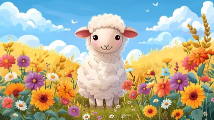 Cartoon Sheep in Flower Field