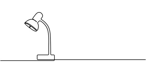 Table lamp isolated on white background. One line continuous interior lamp vector illustration. Outline, line art silhouette, Desk lamp vector one line draw icon. Lamp linear continuous outline in one