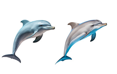 Two playful dolphins swimming side by side, showcasing their graceful movements and vibrant colors against a white isolated background.