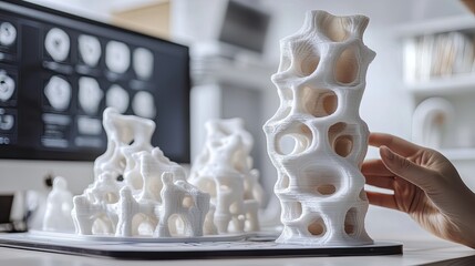 Modern 3D Printed Sculptures in a Creative Workspace with Computer Displaying Design Software