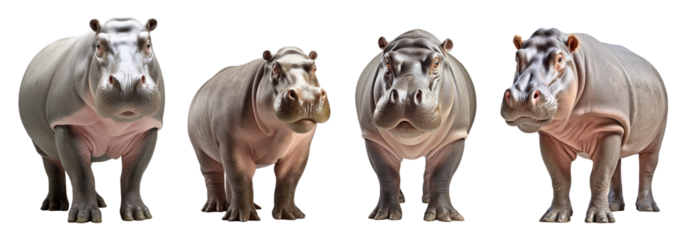 Four hippos standing side by side, showcasing their unique features and sizes, isolated on a white background.