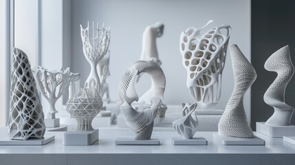 Modern Abstract 3D Printed Sculptures Displayed in a Bright Gallery Setting with Natural Light