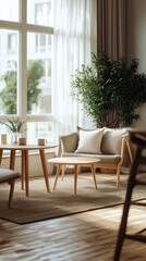 Obraz premium Cozy Modern Living Room with Natural Light, Wooden Furniture, and Indoor Plants in a Bright and Airy Space