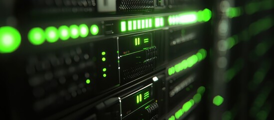 Obraz premium Close-Up of Modern Data Center Server Racks with Green LED Lights Indicating Active Network Connections