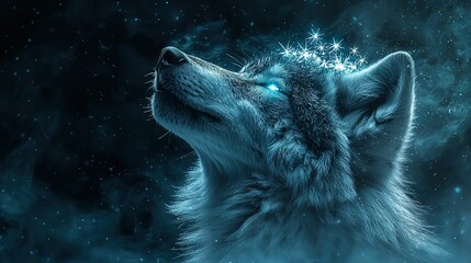   A close-up photo of a dog with a blue light illuminating its forehead and eyes