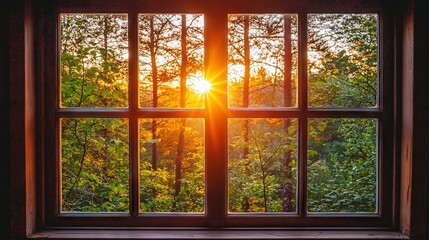   The sun shines through the window, offering a view of the trees beyond