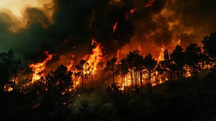 A massive wildfire consuming a dense forest, with towering flames and thick smoke rising into the sky