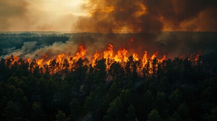 A massive wildfire consuming a dense forest, with towering flames and thick smoke rising into the sky