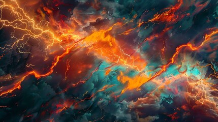 Abstract depiction of fiery lightning bolts merging with vibrant orange flames, blending into a surreal glowing background of hot colors