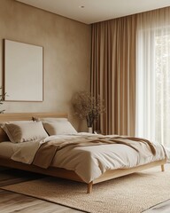 Minimalist bedroom with a wooden bed, brown curtains, a white duvet, and a woven rug.