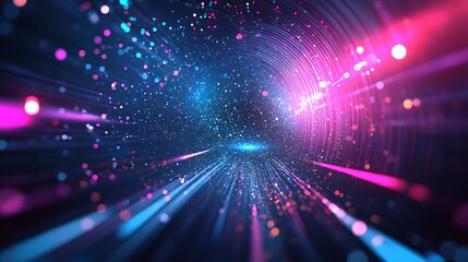 Naklejka premium Abstract tunnel with glowing light streaks and particles.