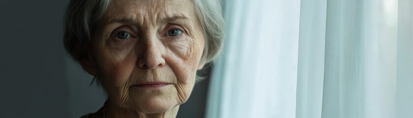 Portrait of a senior woman with weathered skin, her eyes filled with sadness yet radiating quiet strength, standing alone by a window in soft lighting