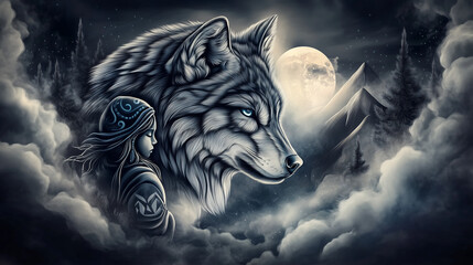 Wolf and Native American woman illustration with mystical elements in a dark landscape