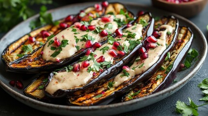 Grilled Eggplant with Tahini Sauce and Pomegranate Seeds on a Rustic Plate