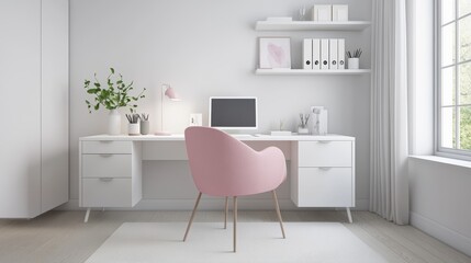 Fototapeta premium Bright and inviting home office for a young woman styled with Nordic and modern influences. The workspace a white desk paired with a soft pink chair storage cabinets shelves minimalist aesthetic.