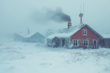 Abandoned Snow-Covered Houses with Smoke from Chimneys in a Foggy Winter Landscape
