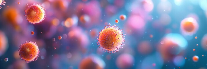 Obraz premium Colorful spores dispersing in the air, dynamic movement captured, background softly blurring into an ethereal ambiance