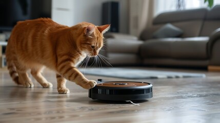 The playful antics of ginger cat in a living room with a robot vacuum