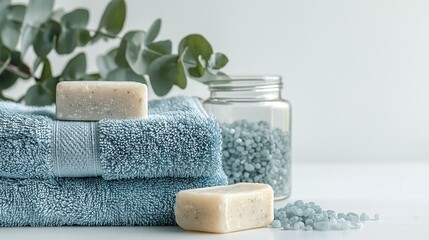   A few blue towels rest on top of a table alongside a jar brimming with blue beads and a plant
