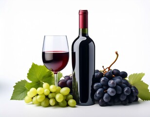 Racimos de uvas junto a una botella y una copa de vino tinto aislado en fondo blanco