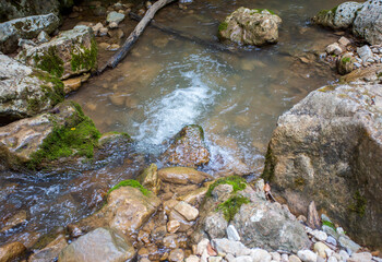 shallow mountain river, staritsa and nature walks, spring day