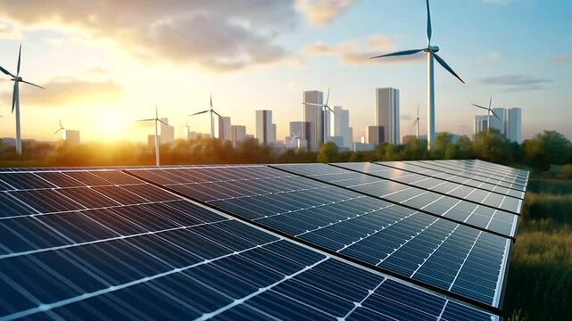 3D Render of Renewable Energy for a Sustainable City A clean and modern 3D rendering shows black frameless solar panels lined up in the foreground, capturing sunlight as large wind