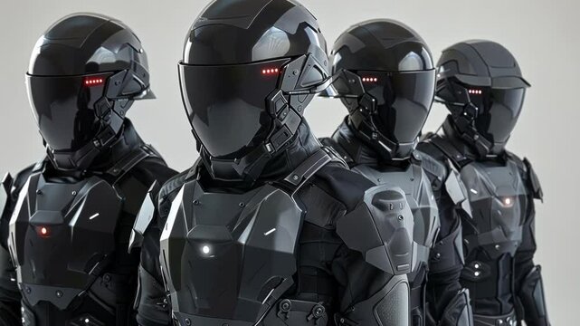 Four security officers wearing high tech protective gear are assembled and ready for deployment. The team is equipped with helmets and body armor