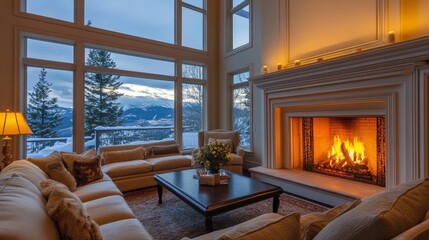 Fototapeta premium Elegant luxury living room with fireplace and large window.