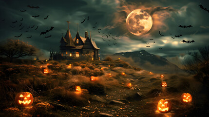Halloween night scene featuring a glowing pumpkin against a dark sky illuminated by a full moon