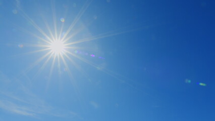 Bright Sun Of Spring Midday Sunlight At Daylight Sunshine Day. Clear Blue Sky With Lens Flares In Day. Nice Weather. Fresh Air.