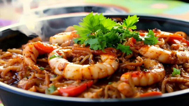 Slow zoom video of spicy jambalaya with shrimp and sausage, garnished with parsley.