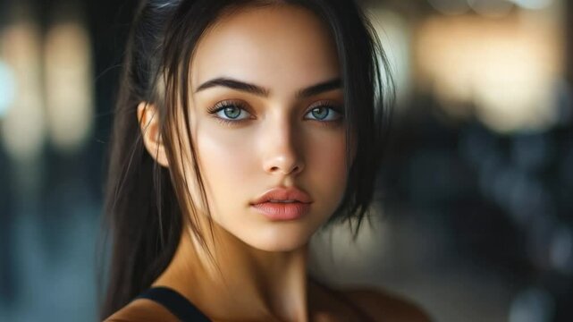 A woman with long dark hair stares intently at the camera, while standing at gym