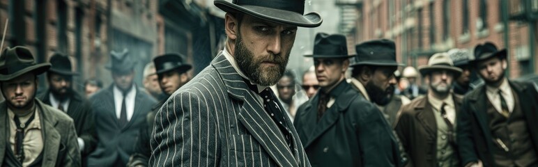 A man in vintage gangster-style suit and hat stands authoritatively with others in the backdrop.