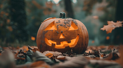A spooky jack-o-lantern with a carved face sits in a garden