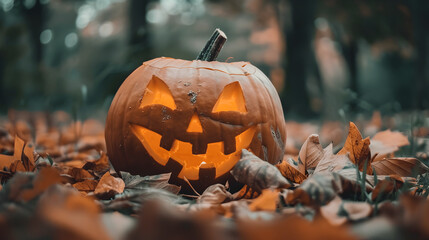 A spooky jack-o-lantern with a carved face sits in a garden