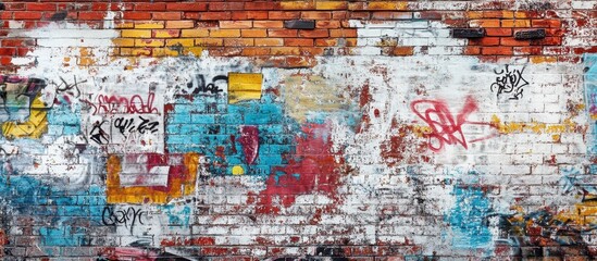 Naklejka premium Colorful Urban Graffiti on Weathered Brick Wall with Various Artistic Tags and Paint Splatters