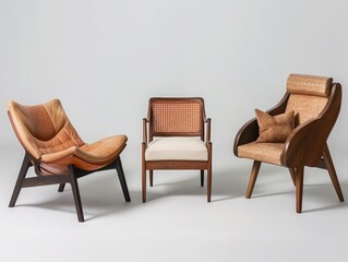 Obraz premium Three mid-century modern armchairs in various shades of brown, showcasing elegant and comfortable design for living spaces