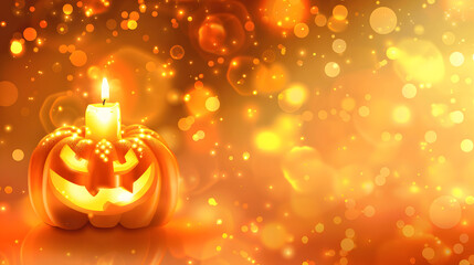 A glowing Halloween pumpkin surrounded by candles with autumn decorations