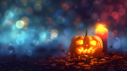 A glowing Halloween pumpkin surrounded by candles with autumn decorations