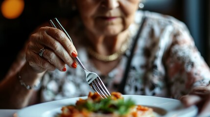 Closeup of senior woman holding fork and knife with dish on restaurant table