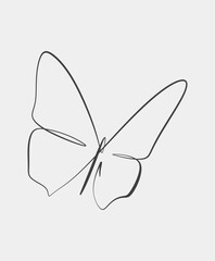 Simple black and white minimalist line art of a butterfly, featuring clean, flowing lines to represent elegance and freedom.