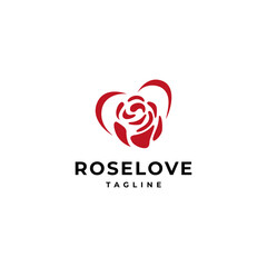 Fototapeta premium rose flower with love shape in flat vector logo design style