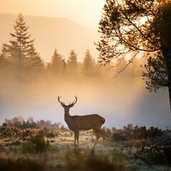 Graceful Deer Grazing in the Misty Forest at Dawn