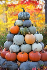 Colorful Pumpkin Pyramid in Autumn Setting