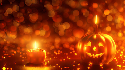 A glowing Halloween pumpkin surrounded by candles with autumn decorations