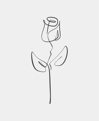 Simple black line art of a rose with two leaves on a clean white background, showcasing minimalist floral design.