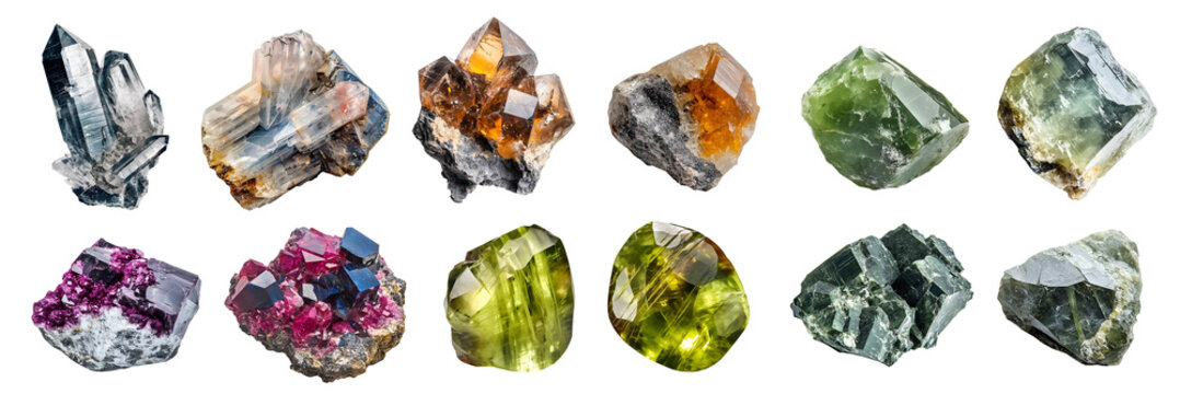 Collection set of gemstone mineral rocks crystal semi-precious stones, transparent cutout PNG. Danburite, Enstatite, Chrysoberyl, Cobaltite, actinolite, Ekanite. Many style. Mockup template for design