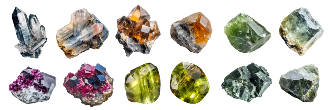 Collection set of gemstone mineral rocks crystal semi-precious stones, transparent cutout PNG. Danburite, Enstatite, Chrysoberyl, Cobaltite, actinolite, Ekanite. Many style. Mockup template for design