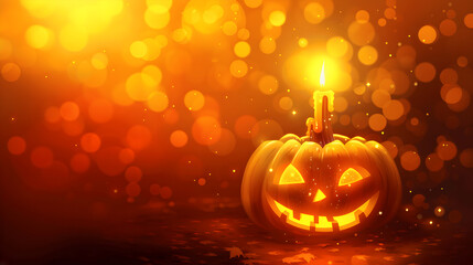 A glowing Halloween pumpkin surrounded by candles with autumn decorations