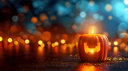 A glowing Halloween pumpkin surrounded by candles with autumn decorations